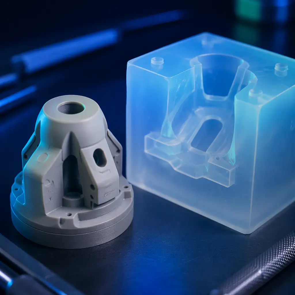 Macro close-up of a freshly 3D printed master pattern sanded to a smooth finish, standing beside a poured translucent RTV silicone mould block, casting bench with dark navy ambient and electric blue accent, no text, no logos