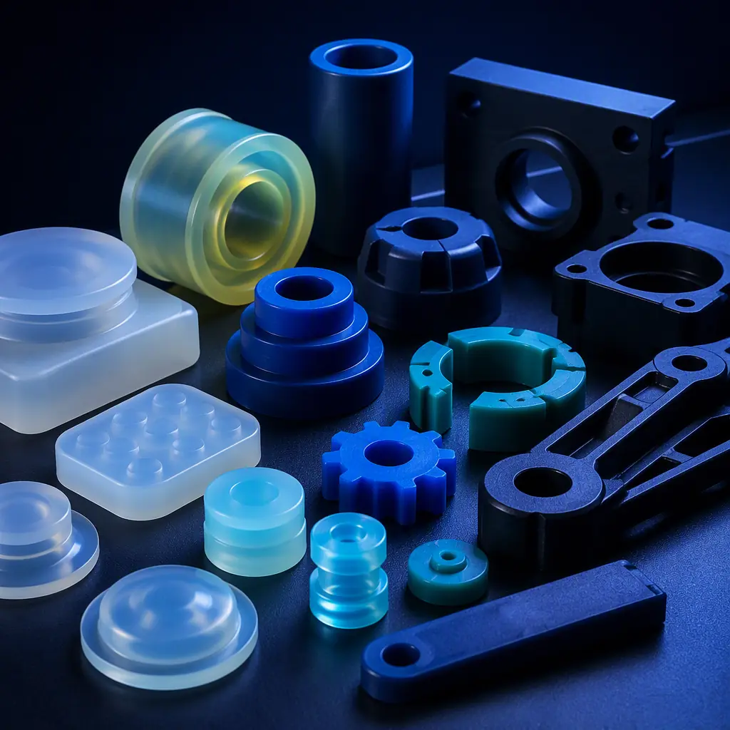 Array of cast polyurethane parts in a range of hardnesses on a dark bench, from soft translucent pads to hard opaque structural parts, studio macro lighting with electric blue rim light, no text, no logos