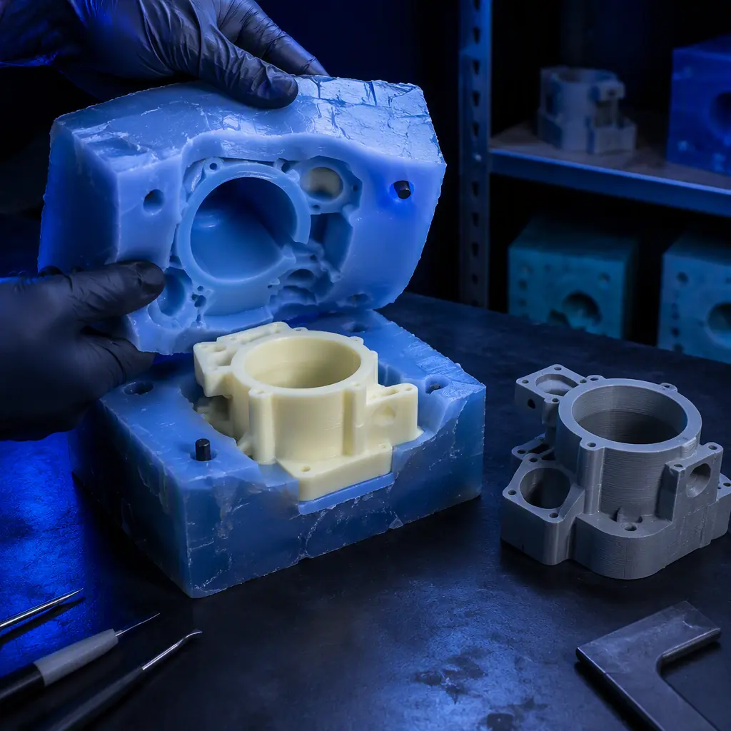 A used RTV silicone mould block being peeled off a cast urethane part on a dark casting bench, visible parting line and original 3D printed master pattern beside it, cold industrial lighting, no text, no logos