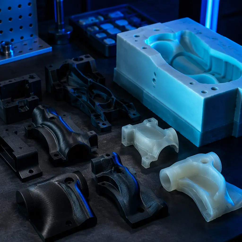 Array of 3D printed master patterns on a dark bench beside cast polyurethane finished parts and an RTV silicone mould, matte black reinforced polymer, deep navy ambient with electric blue accent, precision studio lighting, no text, no logos