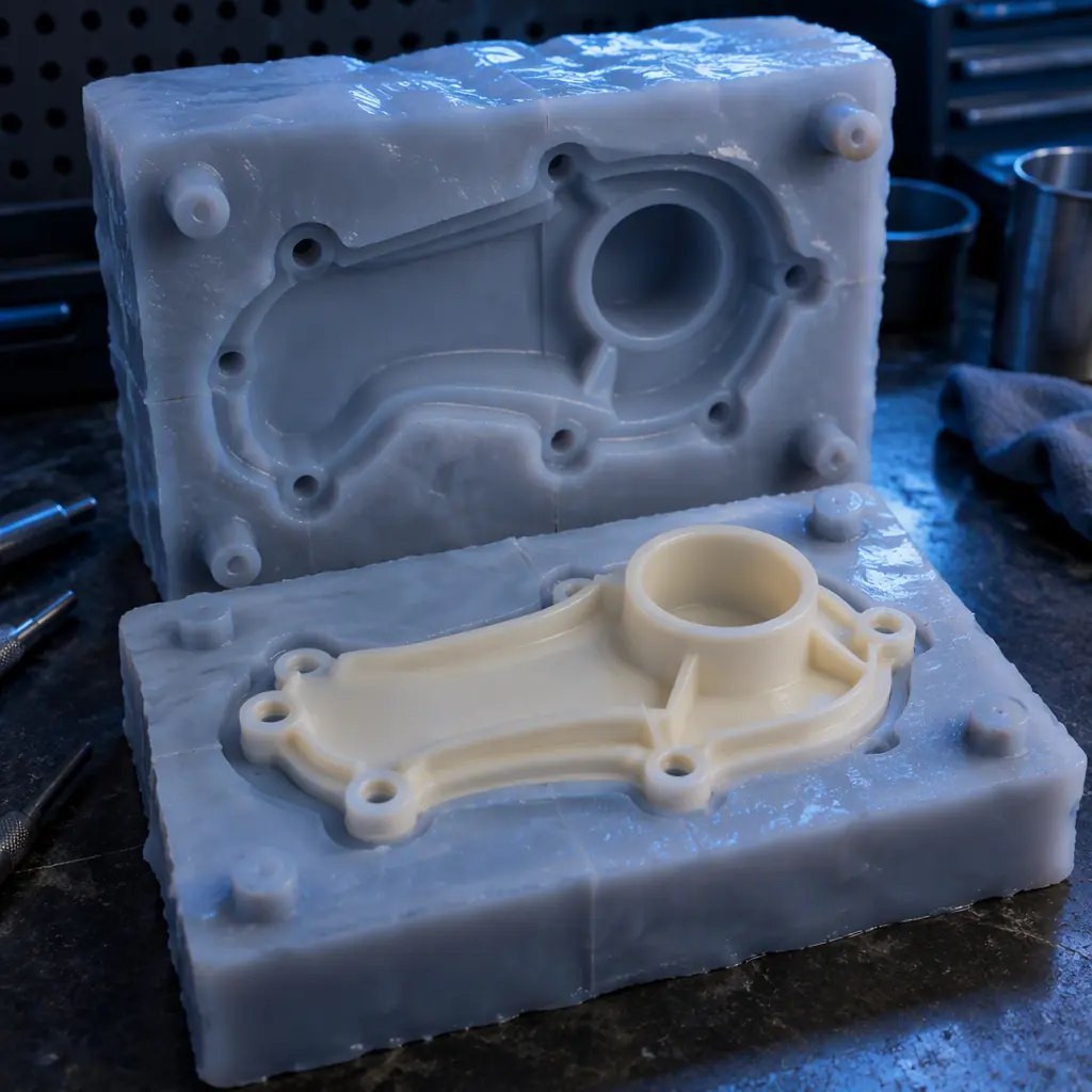 Macro photograph of an opened two-part silicone mold revealing a cast polyurethane part nested in the cavity, with the parting line and release agent sheen visible