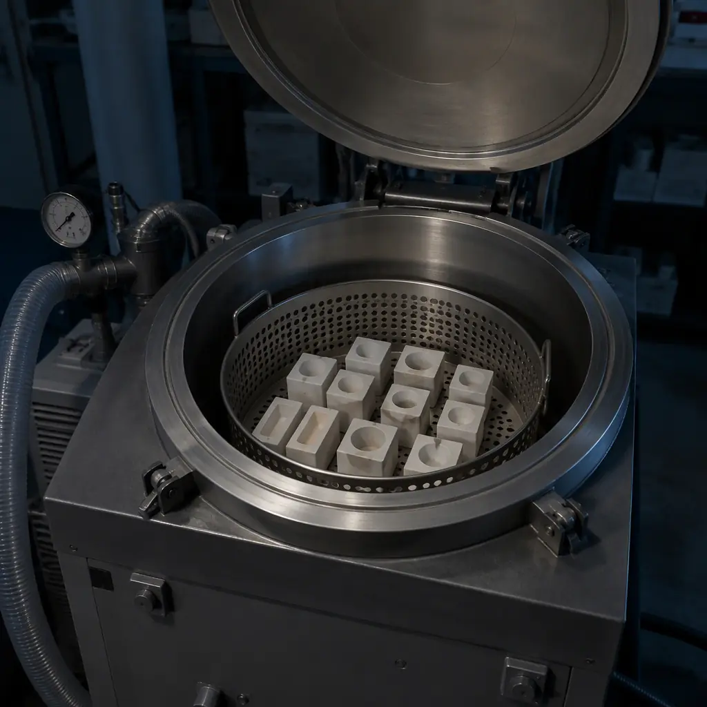 Photograph of a vacuum casting chamber with the lid raised, showing a perforated basket of small molds inside with hoses and a pressure gauge on the industrial grey housing