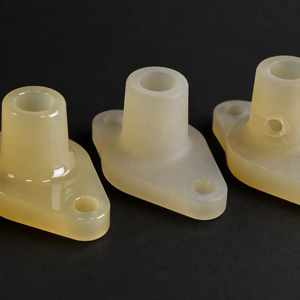 Close-up macro photograph of three cast polyurethane parts with different surface finishes side by side, one glossy, one matte and one with a visible bubble pit