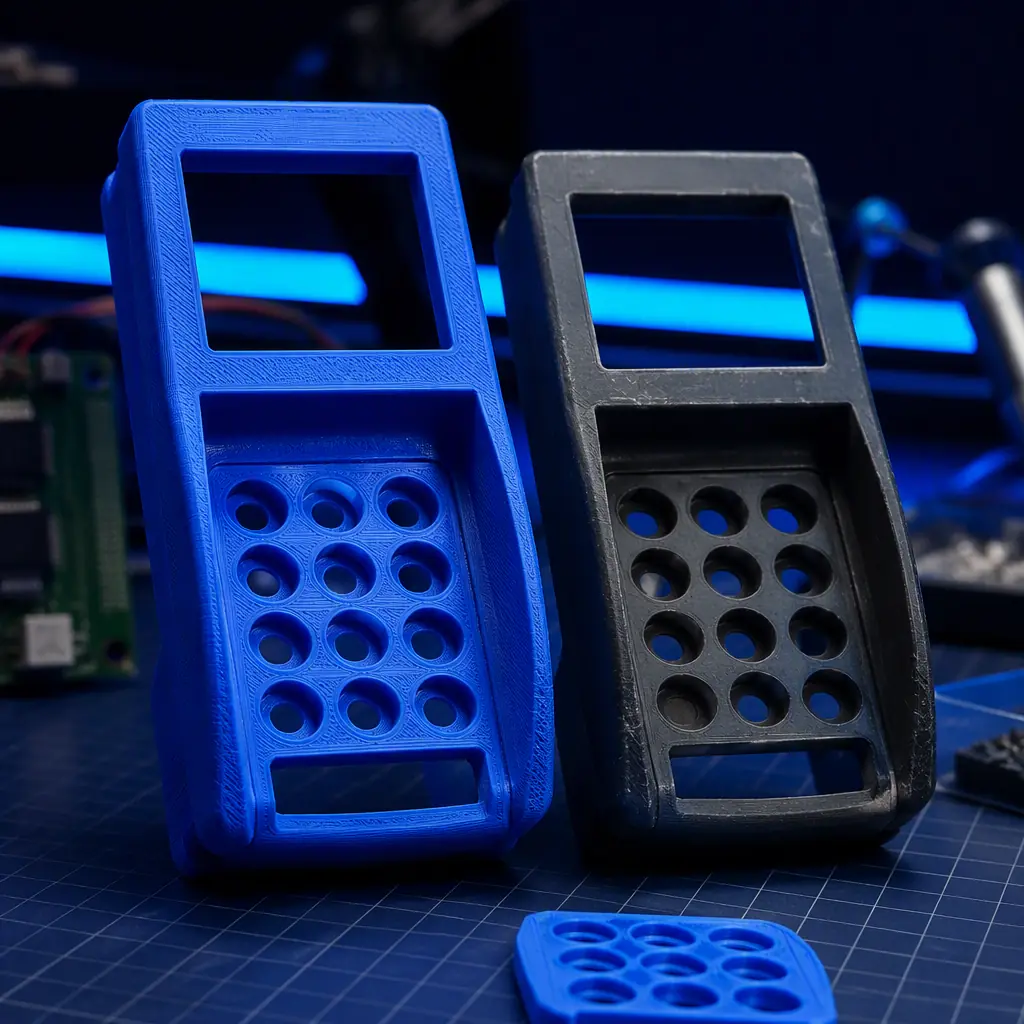 Macro close-up of a 3D printed payment terminal housing and button bezel for a vending machine, fine layer lines visible, next to the worn original part, electronics workbench, photorealistic, no people, no text, no logos