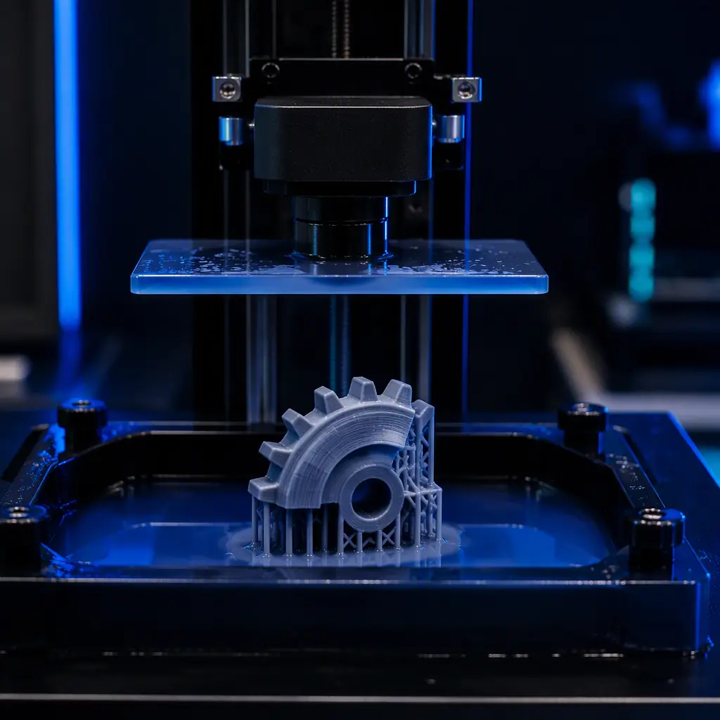 Resin 3D printer actively printing a small vending machine coin mechanism gear, partially printed gear with visible layers on the build plate, lab bench, photorealistic, no people, no text, no logos