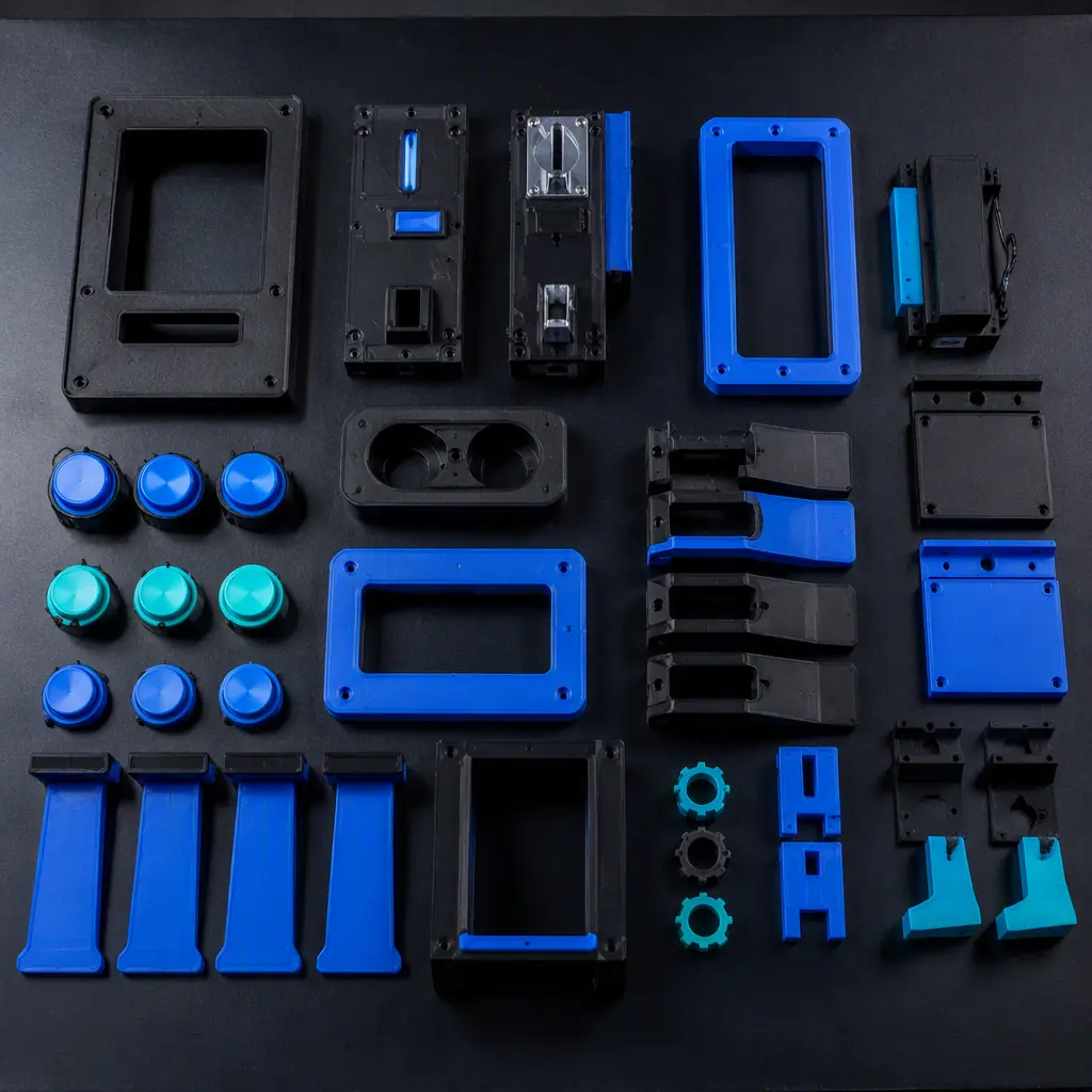 Flat lay of 3D printed spare parts for legacy vending machines: buttons, coin slots, card reader bezels, dispenser paddles and display trims on a dark service bench, photorealistic, no people, no text, no logos