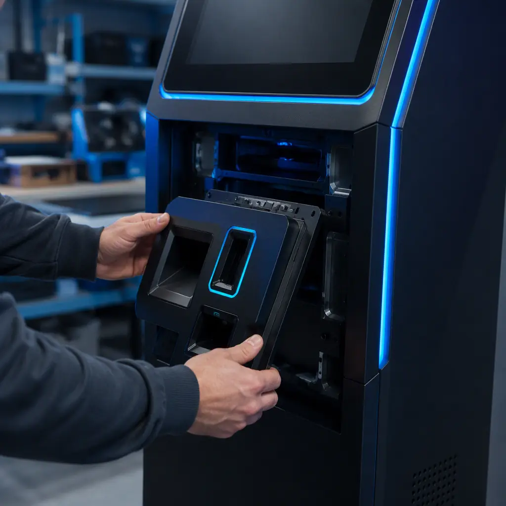 Technician fitting a 3D printed custom panel component into a self-service kiosk enclosure in a workshop, kiosk body visible, hands only no face, photorealistic, no text, no logos
