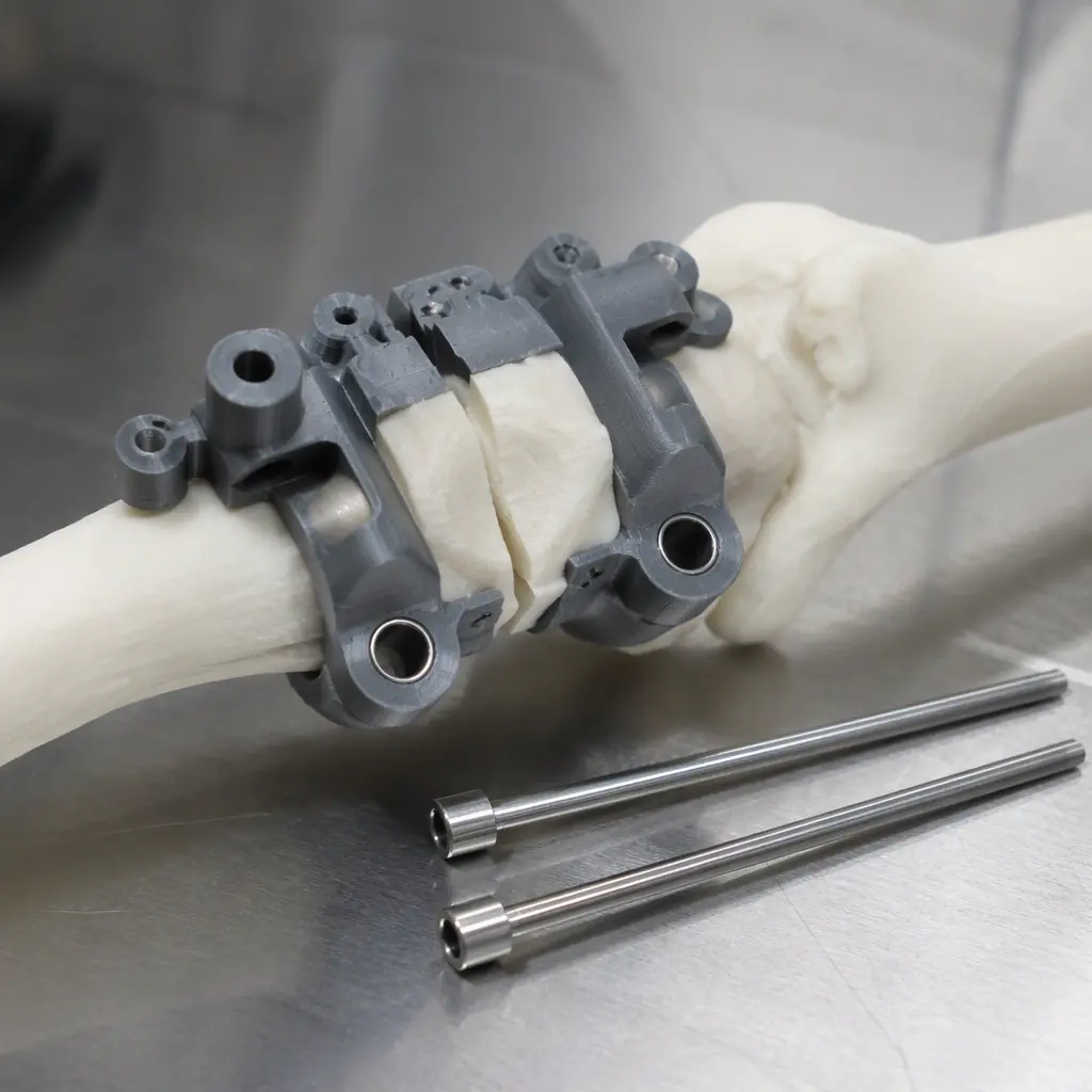 3D printed surgical cutting guide for canine tibial osteotomy positioned on a 3D printed bone model, veterinary surgical instruments beside it on a stainless steel table, bright clinical lighting