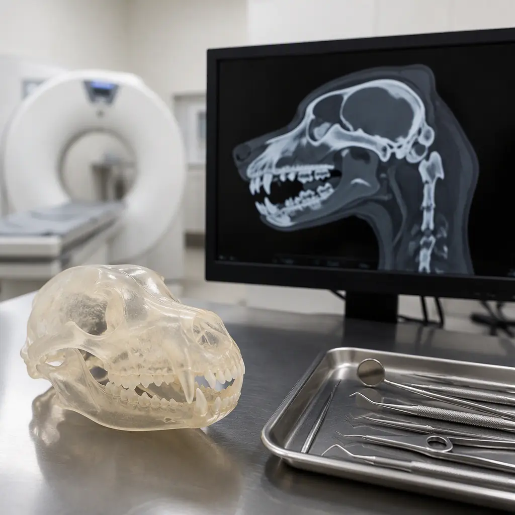 Translucent 3D printed anatomical model of a dog skull next to a digital CT scan on a monitor, veterinary dental instruments on a stainless steel tray, clinical setting