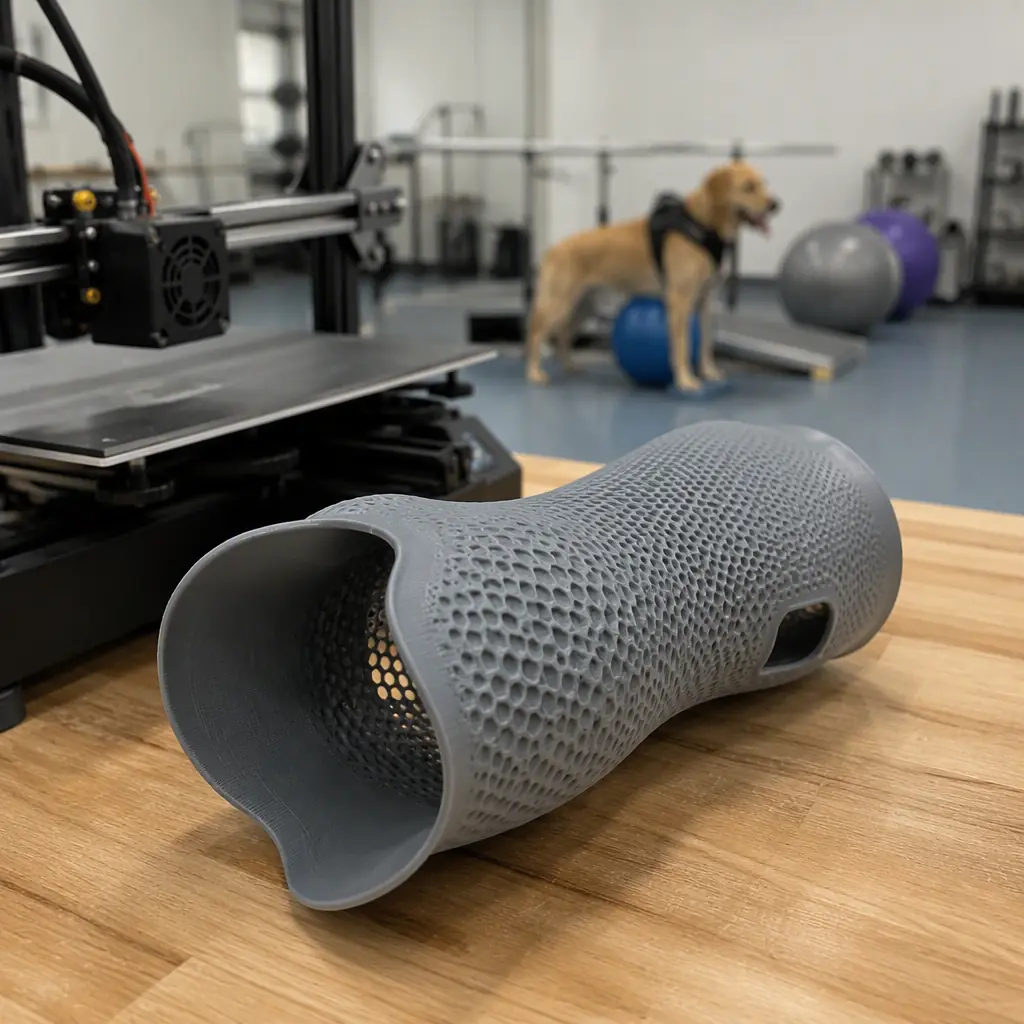 3D printed prosthetic limb socket for a dog in flexible TPU filament held by a veterinary technician, 3D printer in background of a veterinary rehabilitation room