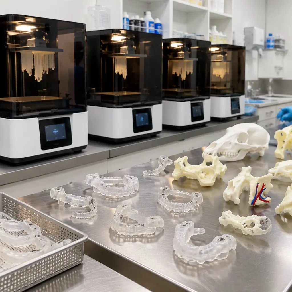 Row of resin 3D printers printing veterinary surgical guides in a clean veterinary lab, printed guides and anatomy models on a nearby table, bright clinical lighting