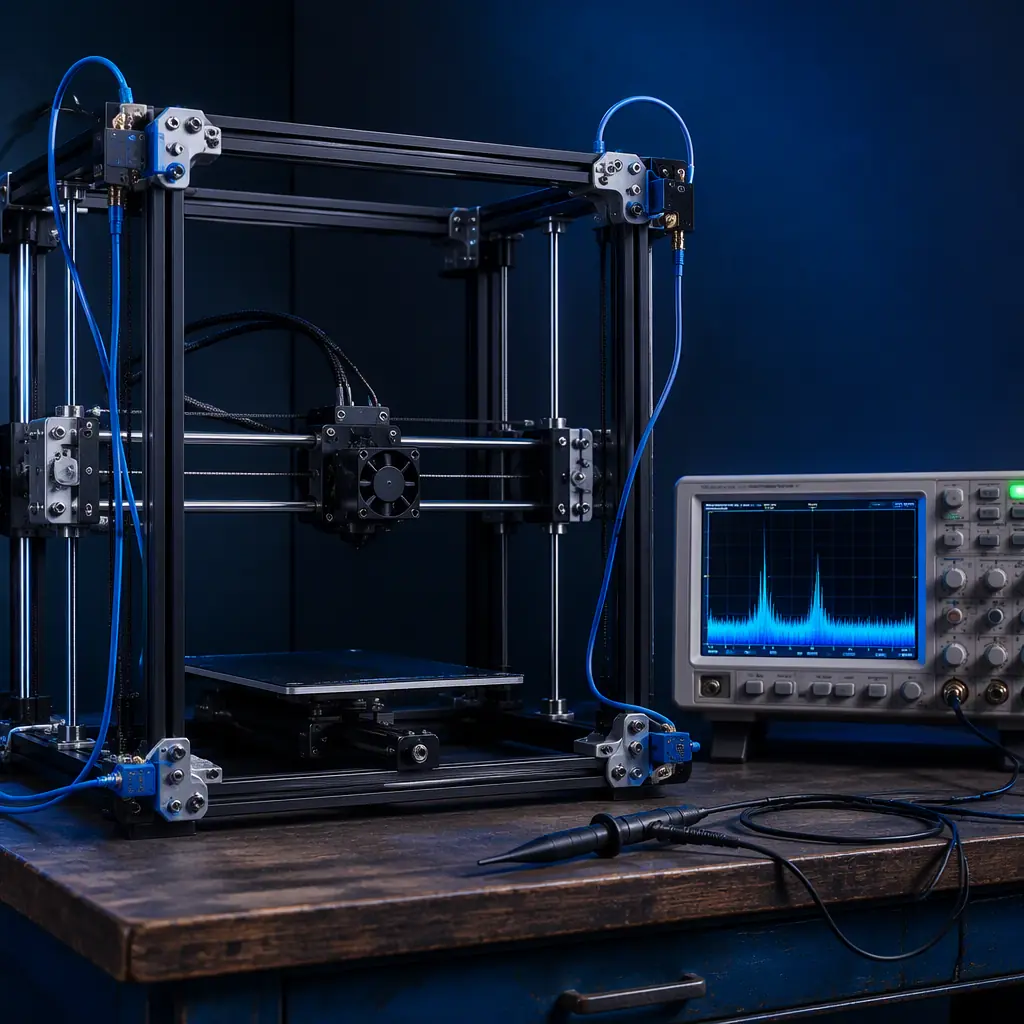 3D printer frame with vibration measurement sensors attached at corner joints, oscilloscope display showing resonance peaks at different print speeds