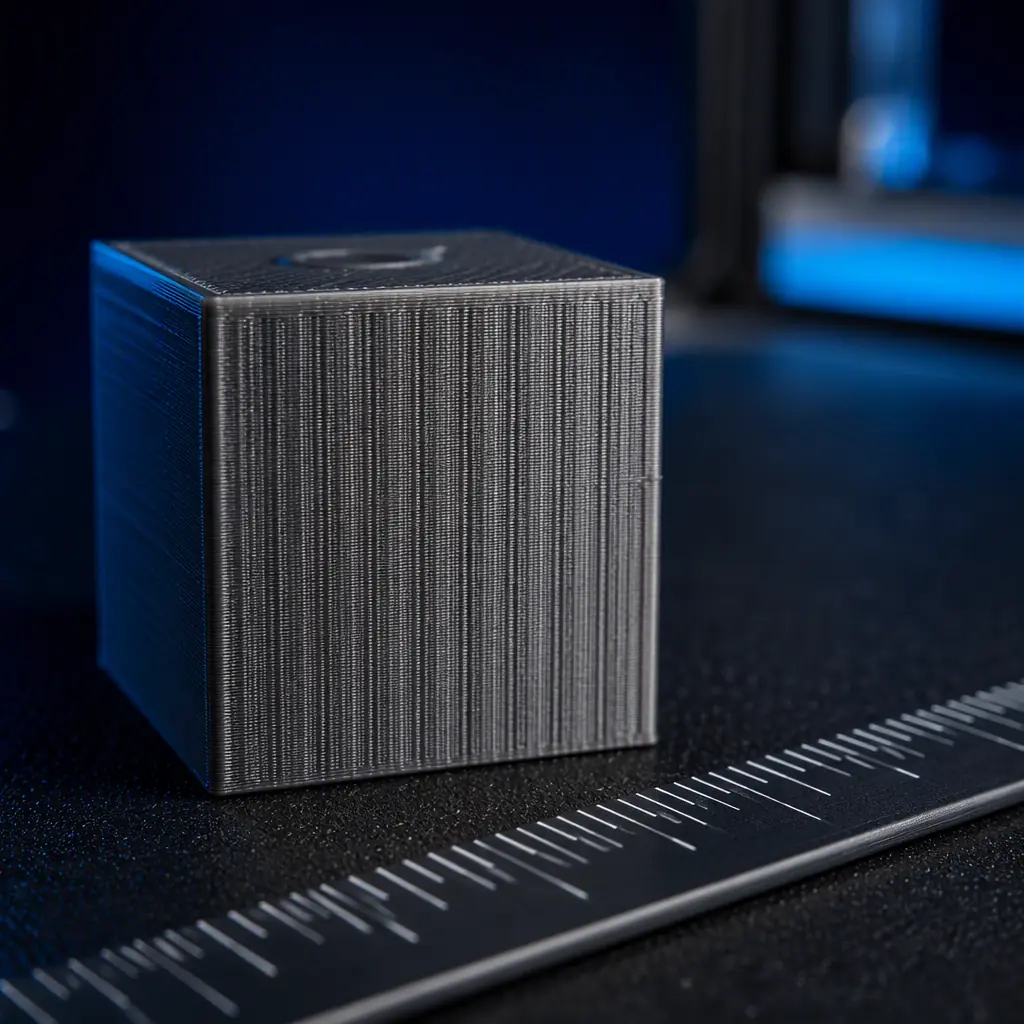 Macro close-up of 3D printed vertical wall surface showing subtle VFA ripple pattern under raking light, with measurement caliper visible for scale
