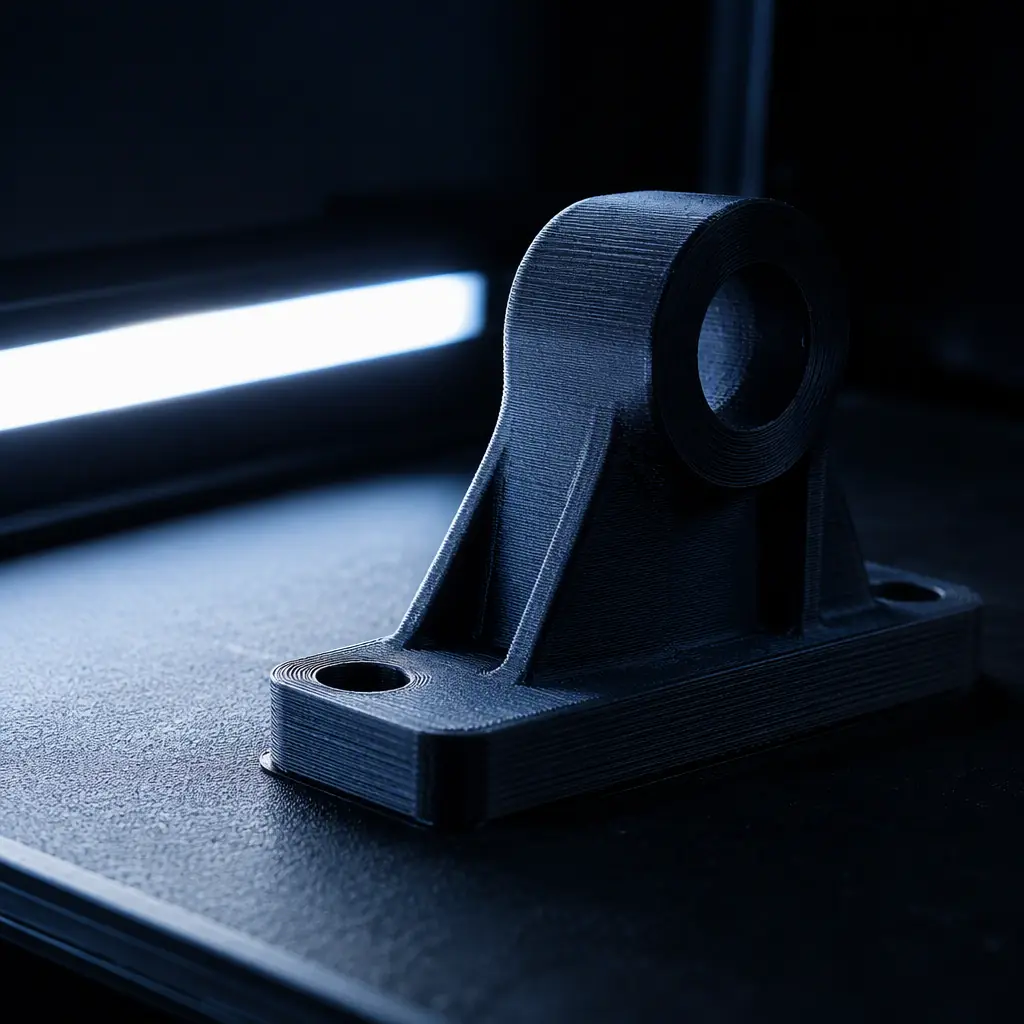 Macro photograph of a 3D printed part on a build plate lit by a low-angle bar light, showing visible layer lines and matte surface texture against a dark background