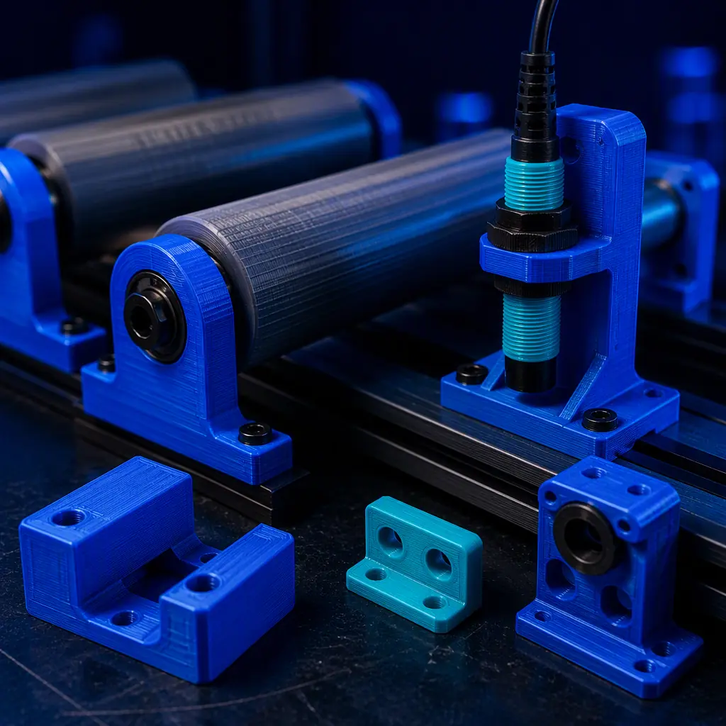 Macro close-up of 3D printed conveyor rollers and sensor mounting brackets on a workbench, printed layer lines visible, studio lighting