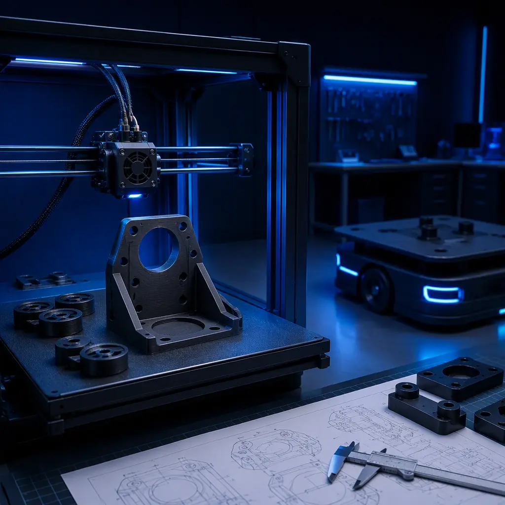 3D printer printing an AGV mounting bracket in an engineering lab, printed robotic cart parts on the build plate, LED-lit print chamber, studio lighting