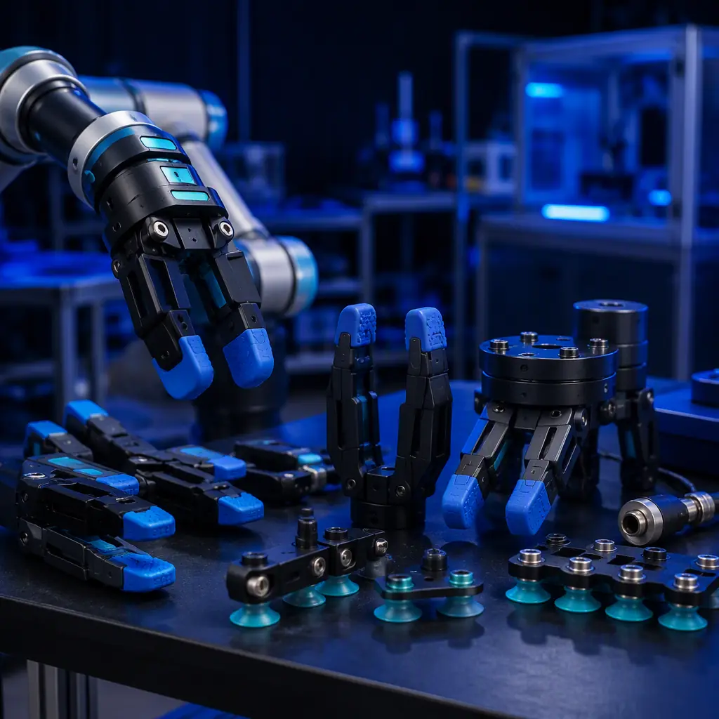 3D printed robotic gripper fingers and end-of-arm tooling on a workbench in a warehouse automation lab, soft-touch tips visible, studio lighting