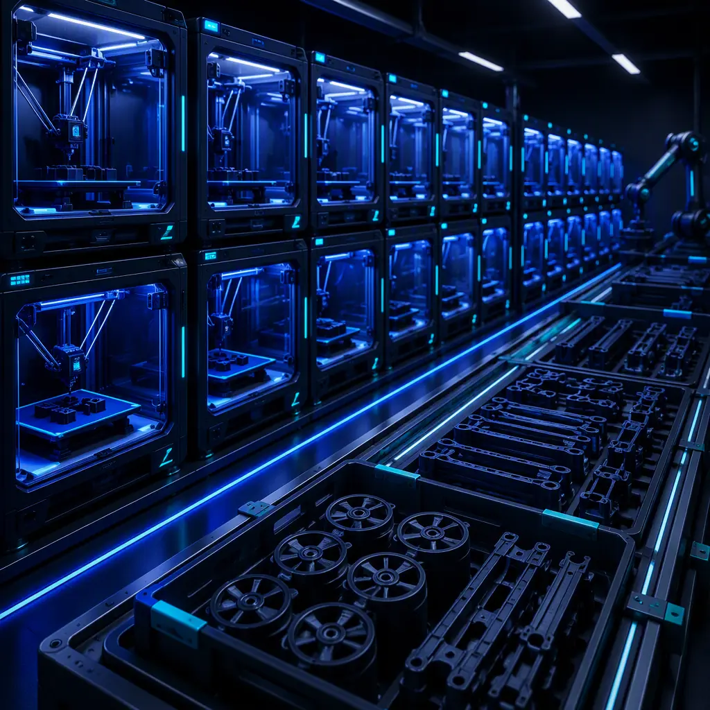 Row of identical 3D printers producing warehouse automation parts in a print farm, LED-lit chambers, finished conveyor parts in collection area, studio lighting