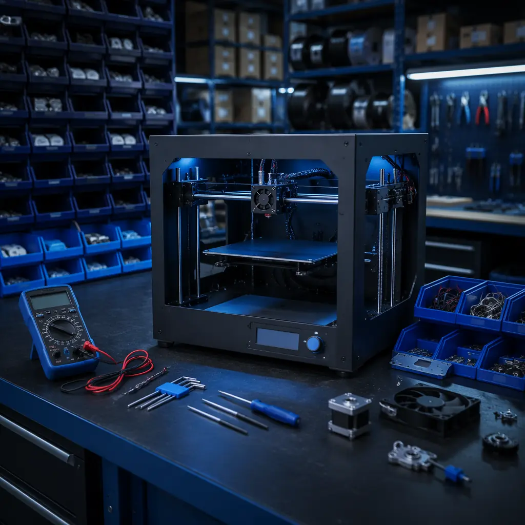 3D printer return station in warehouse: returned printer on workbench being inspected with multimeter and tools, organized spare parts shelves in background, professional repair workspace with blue accent lighting