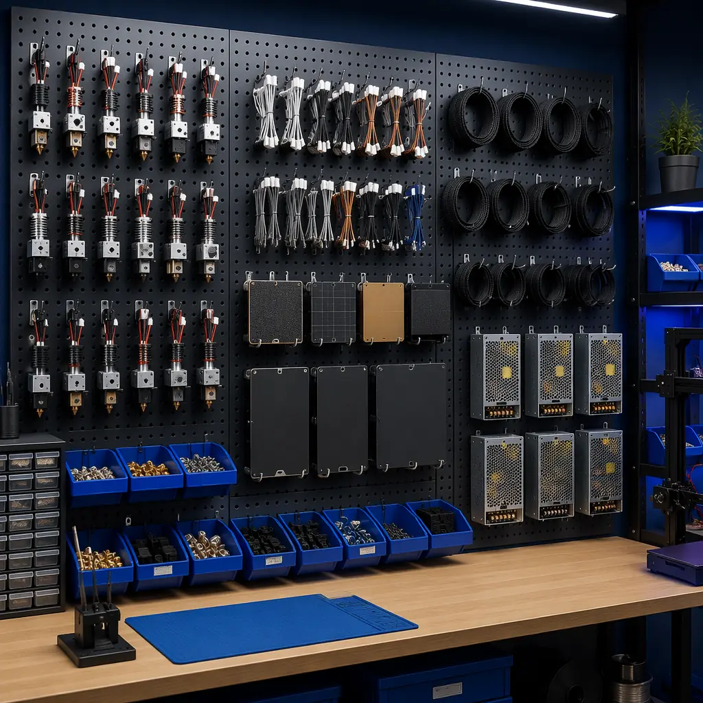 Organized spare parts inventory wall in 3D printer repair workshop: hotends, thermistors, build plates, belts, and power supplies arranged on pegboard with labels, clean industrial workspace