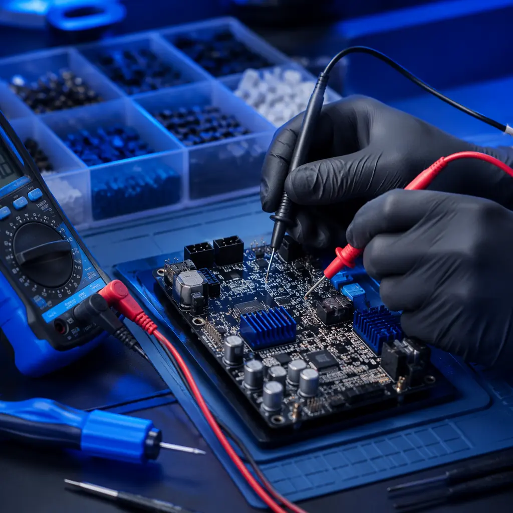 Technician performing diagnostic test on returned 3D printer, multimeter probes on motherboard test points, open electronics panel visible, organized repair bench with component trays, clean workshop environment