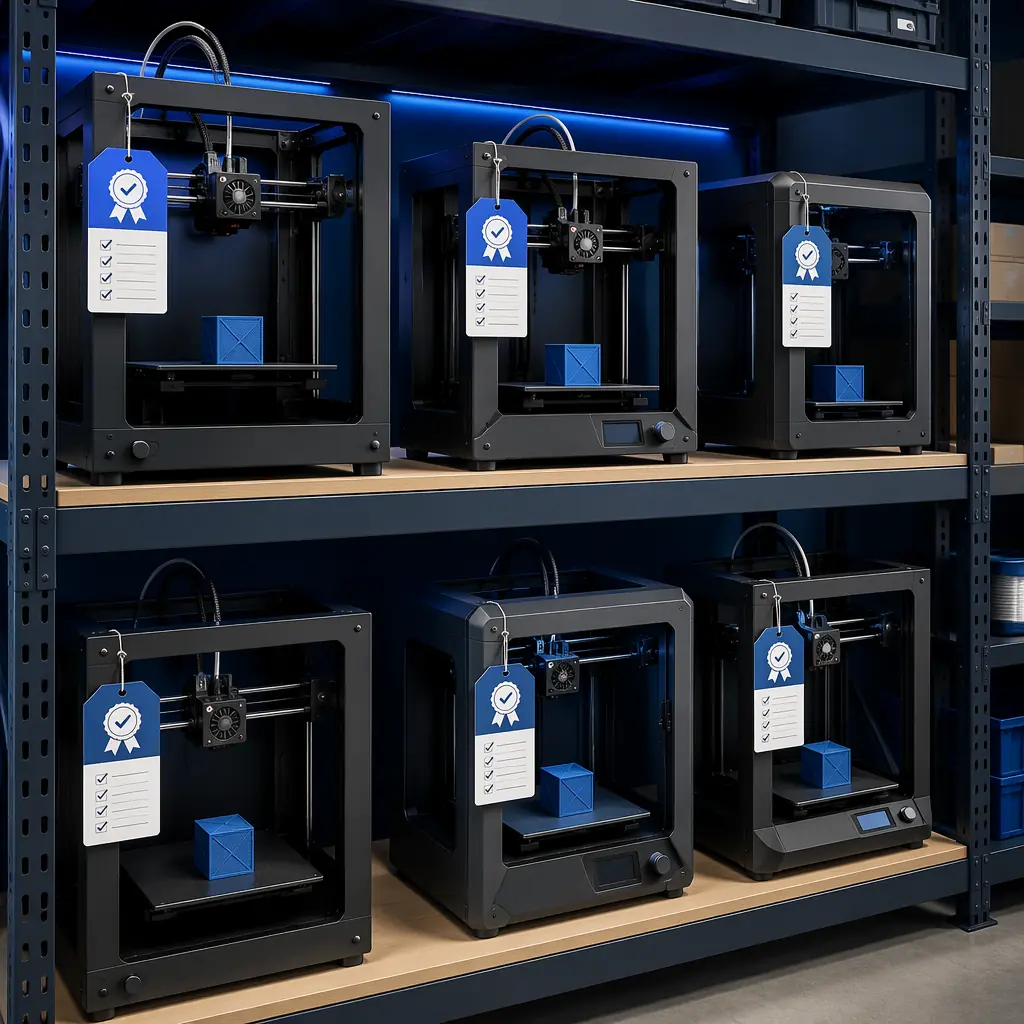 Refurbished 3D printers displayed on shelf with 'Certified Refurbished - 90 Day Warranty' signage, each printer with test print attached showing calibration quality, industrial retail display setting