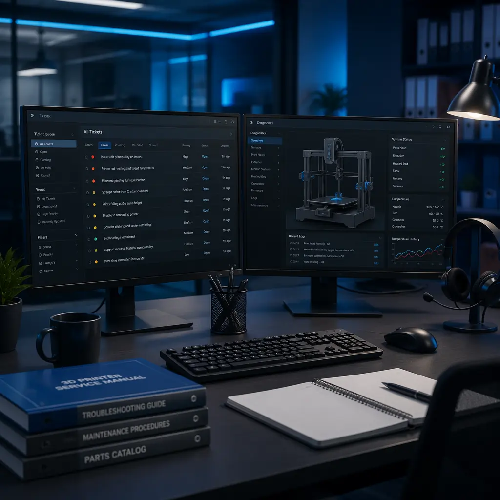 Customer support workstation with dual monitors showing help desk ticketing system and 3D printer diagnostic interface, headset on desk, organized workspace with documentation binders, professional office setting