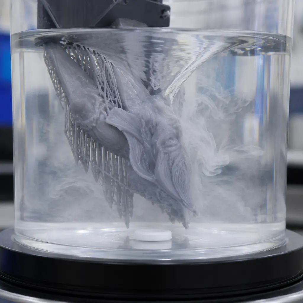 Professional studio photograph of a complete resin 3D printing post-processing workstation — wash station with magnetic stirrer filled with IPA, UV cure station with turntable illuminated, nitrile gloves and silicone mat arranged on workbench, clean organized maker workspace