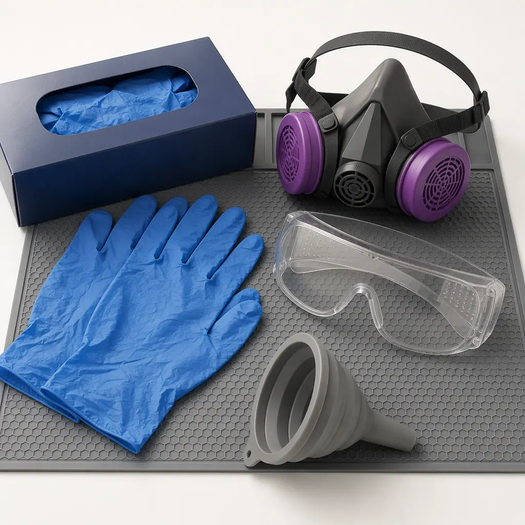 Professional studio photograph of resin 3D printing safety equipment laid out on a silicone work mat — nitrile gloves, safety glasses, respirator mask with organic vapor cartridges, and funnel for IPA transfer, clean organized workspace with amber UV-blocking enclosure in background