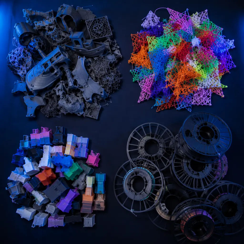 Collection bin full of discarded 3D printed parts, failed prints, support structures, and purge blocks in various PLA colors, workshop setting with 3D printer visible in background