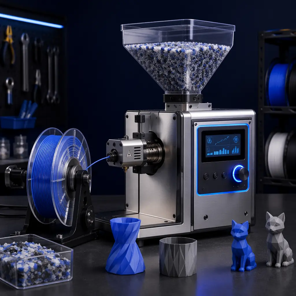 Desktop filament extruder machine on workbench, spool of recycled filament being wound, granulated PLA feedstock visible in hopper, clean workshop lighting