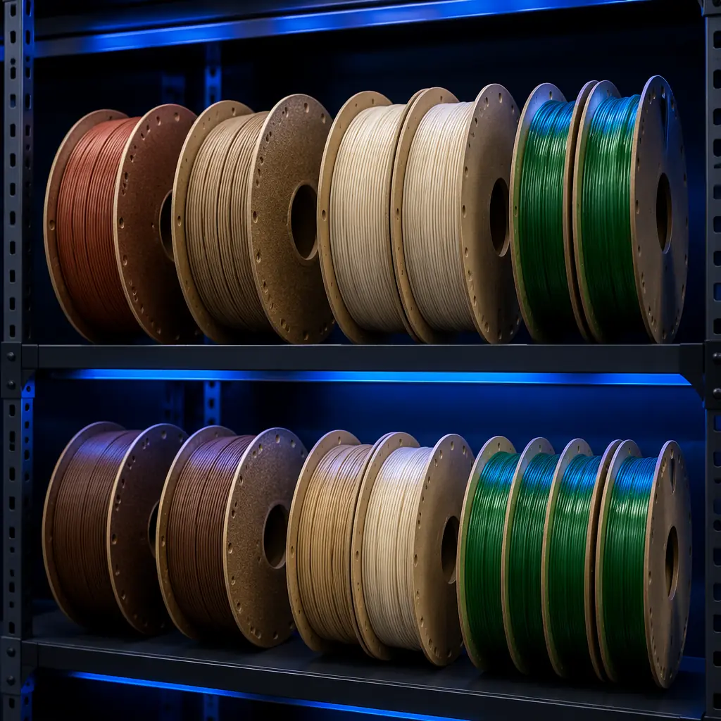 Assortment of eco-friendly filament spools on warehouse shelf: rPLA in matte earth tones, PHA-blend in natural beige, rPETG in translucent green, industrial lighting
