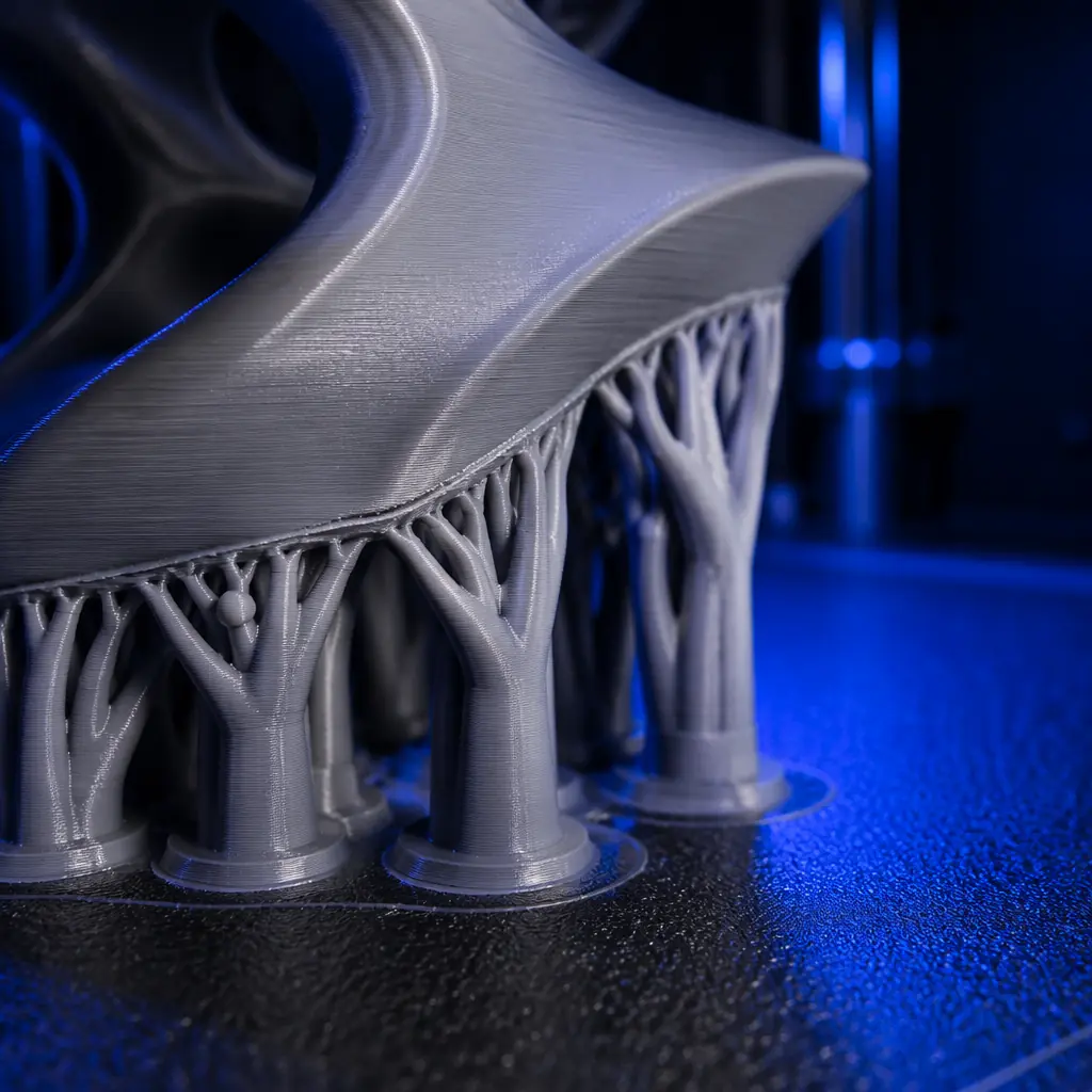 3D printed object with tree supports still attached on build plate, close-up showing support interface layer, clean PLA print with complex overhangs
