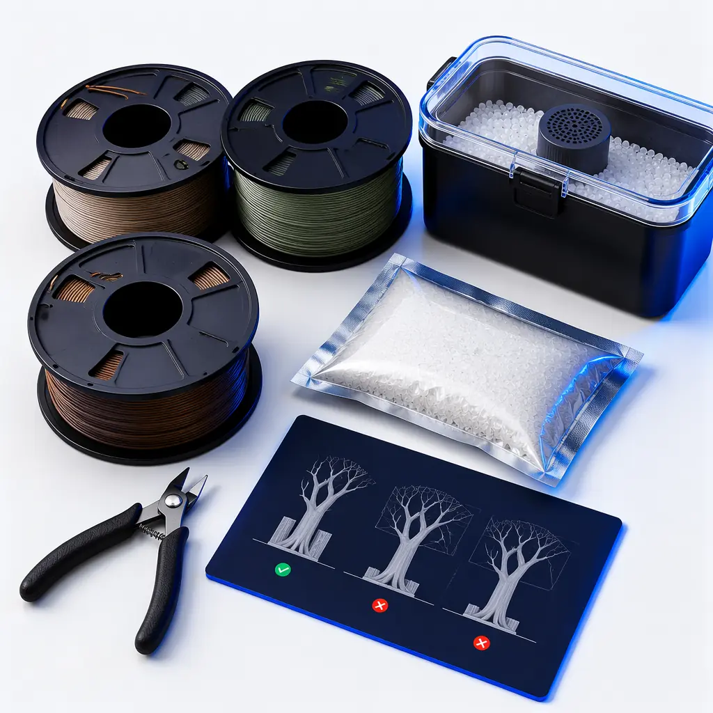 Flat lay of waste reduction product bundle: recyclable filament spools, sealed dry box, PVA sample pack, support removal tool, and printed quick-reference card, clean white surface