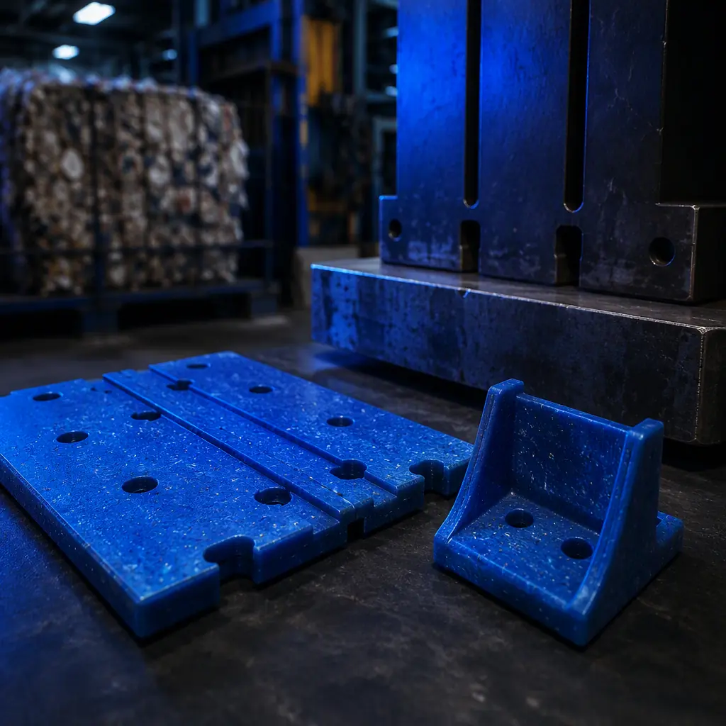 3D printed recycled-plastic baler wear-plate and strap guide on a dark technical workbench beside a steel baler ram, recycling plant depth-of-field in soft focus, deep navy ambient with electric blue accent lighting, no text