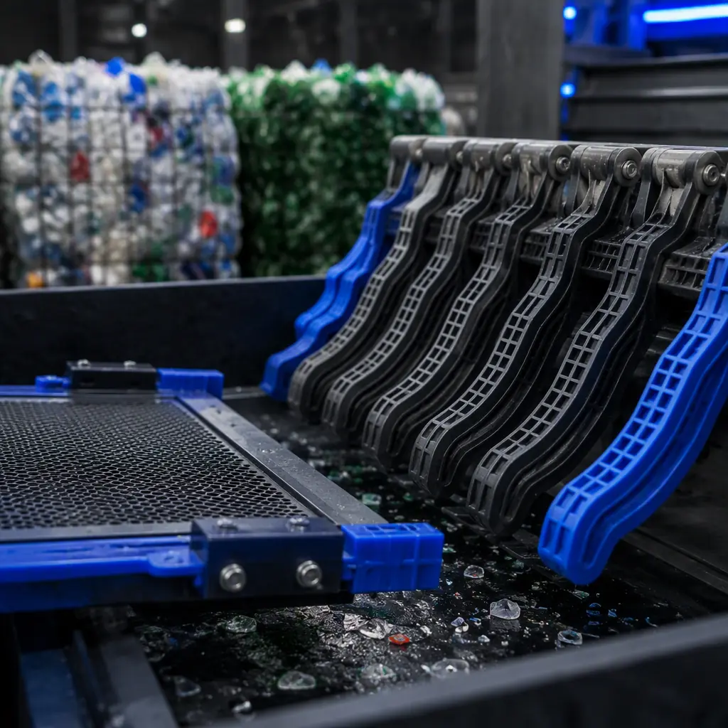 Close-up of 3D printed disc-screener fingers and screen-panel holder on a dark recyclables sorting line, mixed plastic and glass bales softly blurred in background, industrial lighting with electric blue accent, no text