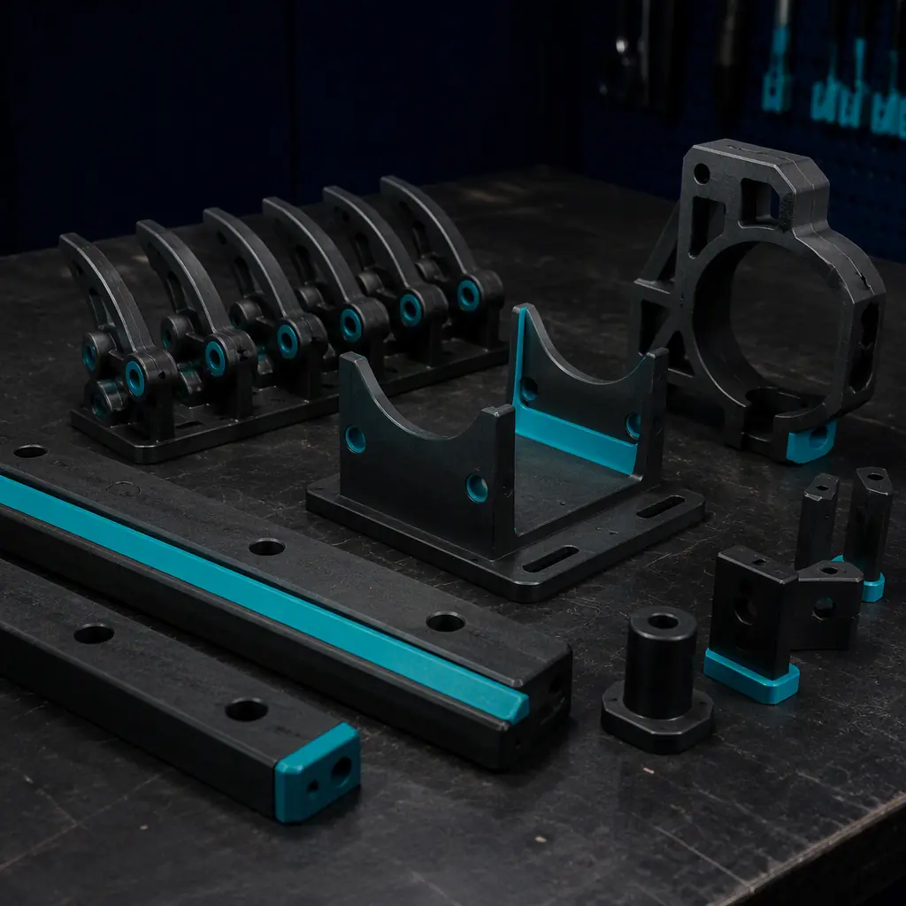 Array of 3D printed recyclables-plant spares on a dark maintenance bench: conveyor wear strips, baler strap guide, disc-screener fingers, sensor guard bracket, cast in carbon black with subtle teal brand-free accent, deep navy background, precision engineering lighting, no text