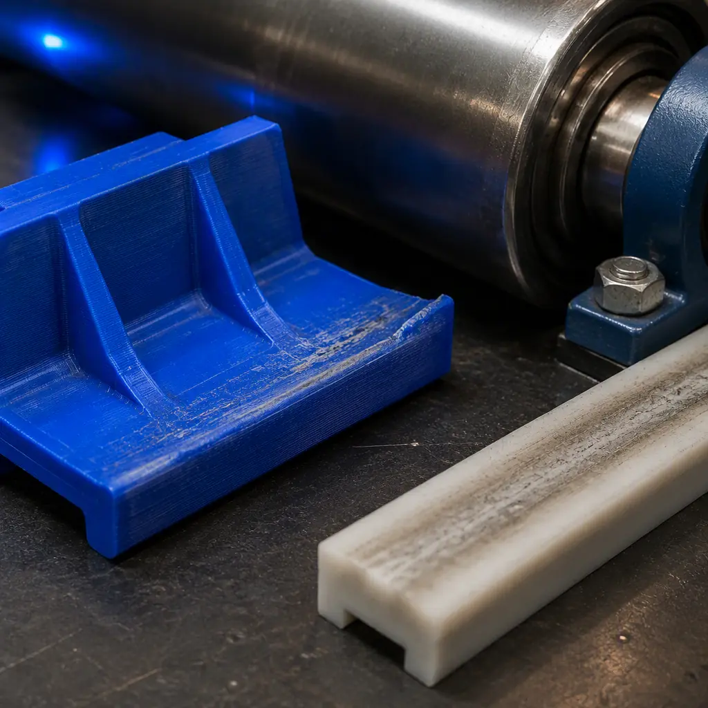 Close-up macro of a 3D printed rigid-TPU conveyor cleat and a filled-nylon wear strip arranged beside a steel conveyor roller on a dark maintenance bench, subtle abrasion wear pattern visible, industrial lighting with electric blue accent, no text