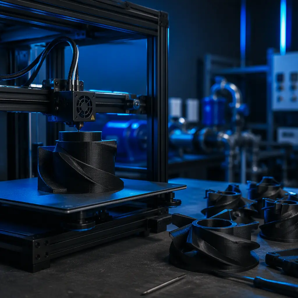FDM 3D printer printing a pump impeller in a treatment plant maintenance shop, printed PP impellers on the workbench beside it