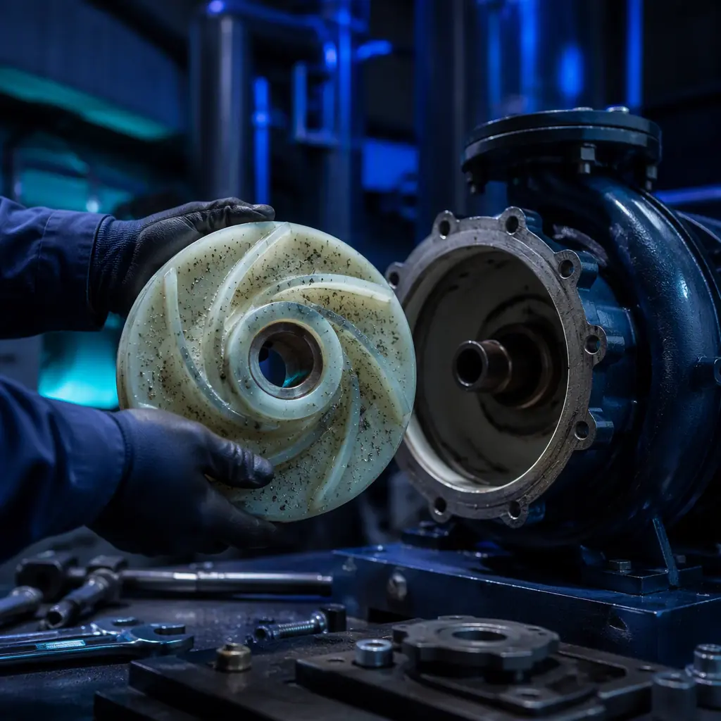Printed PP-GF pump impeller held beside a dismantled centrifugal pump at a wastewater lift station, maintenance technician workspace
