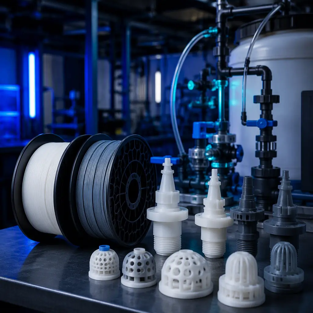PP and PVDF-grade filament spools beside printed chemical dosing nozzles and diffuser caps on a plant maintenance bench, chlorine tank background