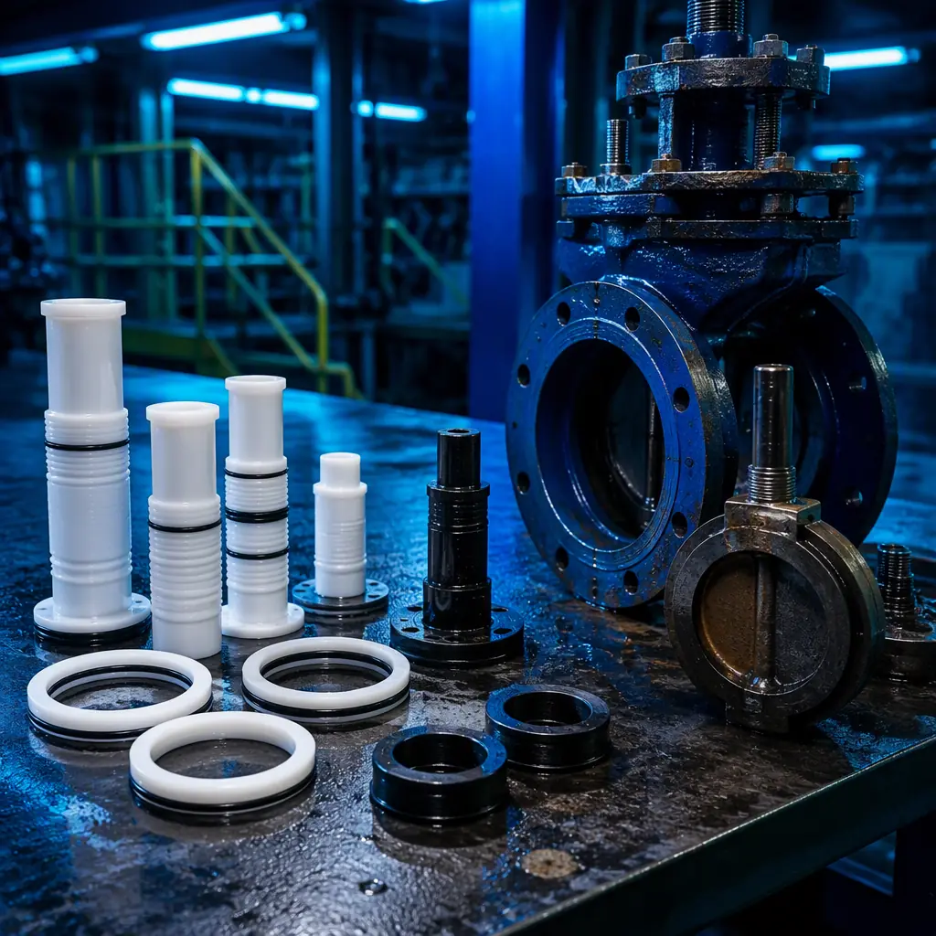 Printed valve stems and wear rings laid out on a workbench next to a disassembled gate valve at a water treatment facility