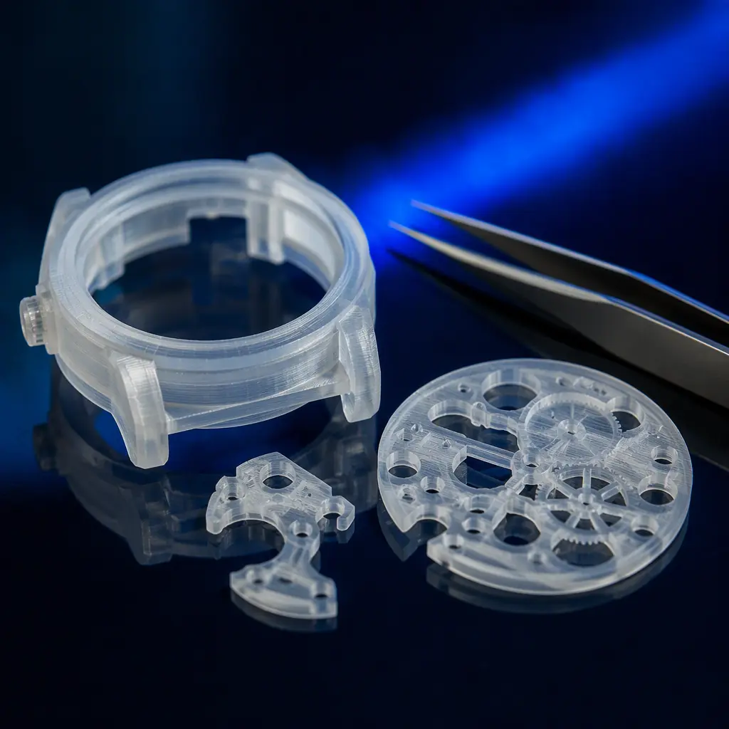 Macro shot of a 3D printed watch case prototype and movement bridge parts on a dark reflective surface beside precision tweezers, resin layer lines visible, deep navy background with electric blue accent light, photorealistic, no people, no text, no logos