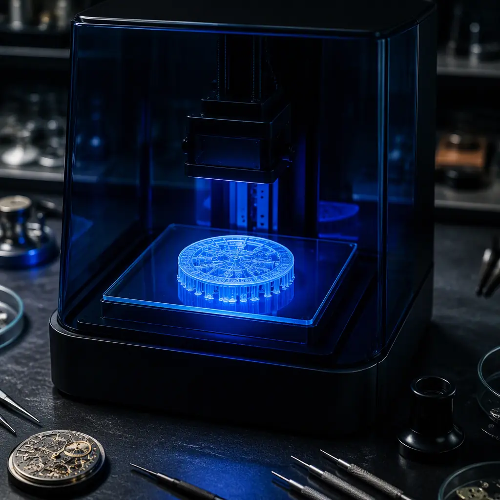 Resin 3D printer with UV cover printing a detailed miniature watch dial, build plate glowing with blue UV light, watchmaking bench tools in the foreground, dark industrial workshop, deep navy and teal tones, photorealistic, no people, no text, no logos