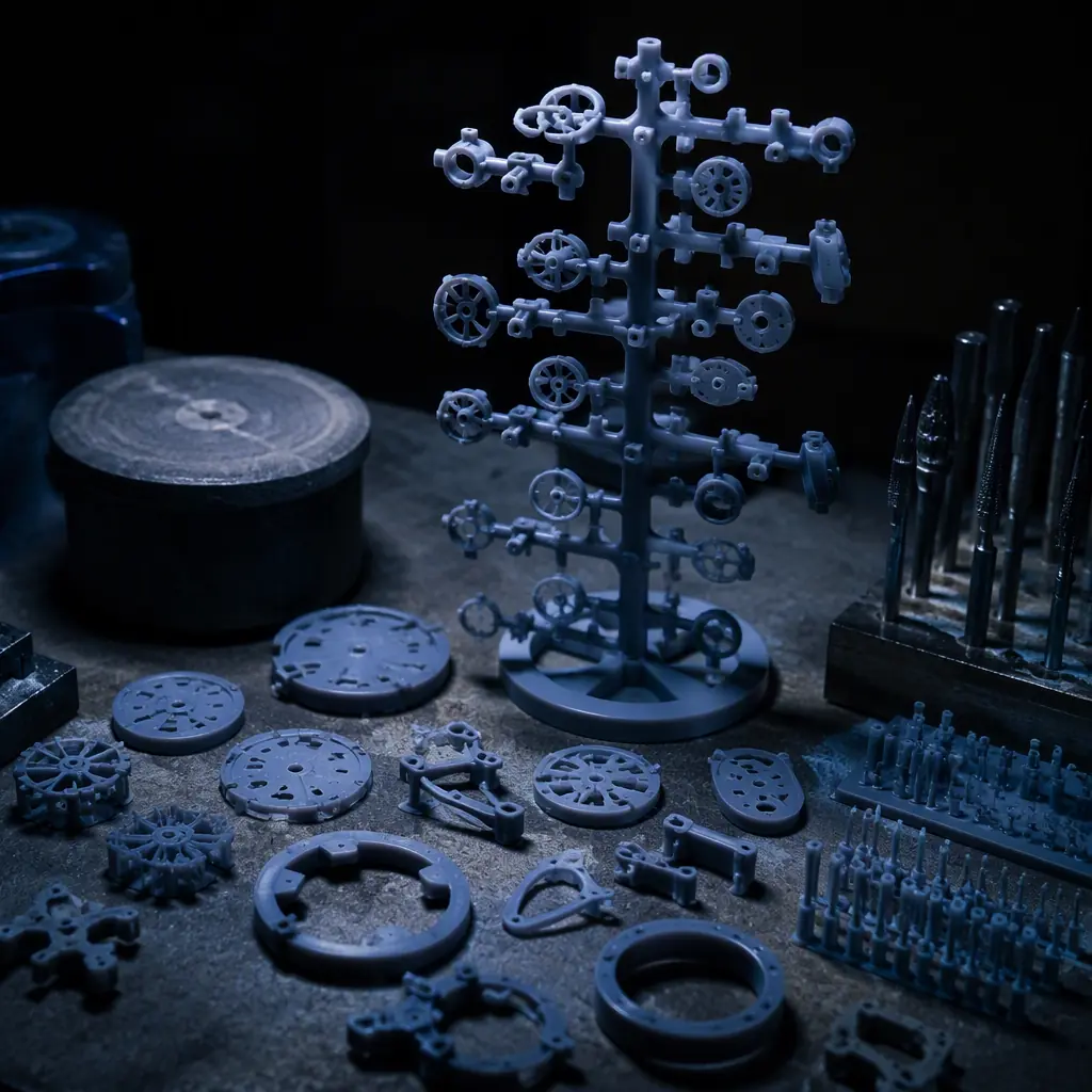 3D printed master patterns for lost-wax casting of watch components arranged on a casting workbench, sprue tree with small resin printed parts, dark studio background with cool blue lighting, photorealistic, no people, no text, no logos