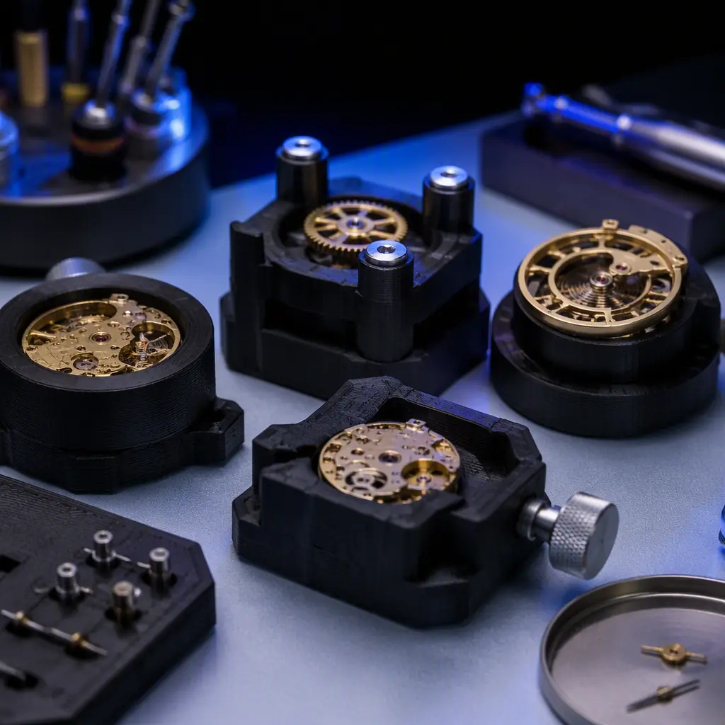 Close-up of 3D printed watchmaking jigs and assembly fixtures holding tiny brass watch components on a clean workbench, dark background, electric blue accent lighting, photorealistic macro, no people, no text, no logos