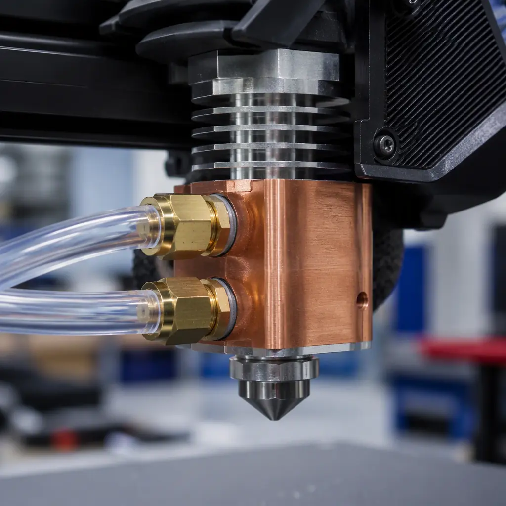 Macro close-up of a water-cooled 3D printer hotend with copper cooling block and clear silicone tubing carrying coolant, brass nozzle visible, engineering workbench with tools
