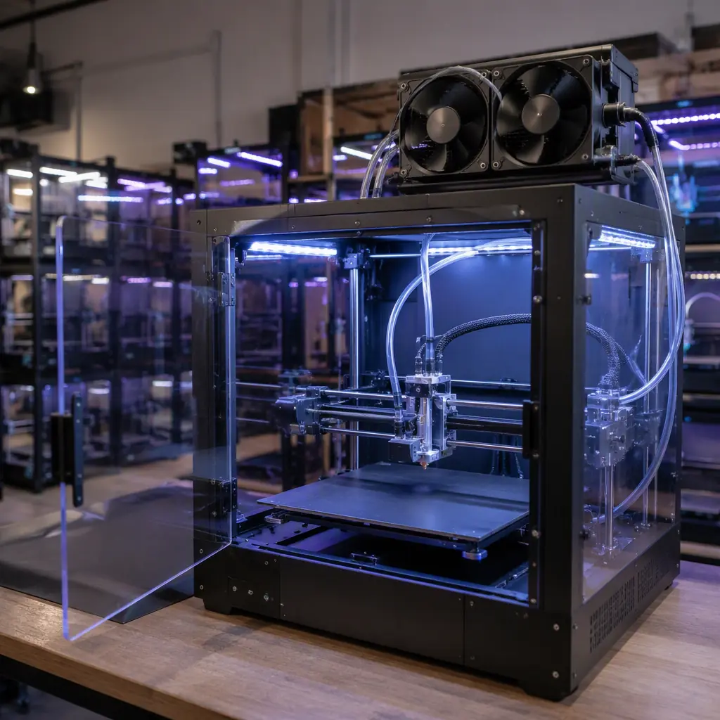 3D printer with a 240mm radiator and two fans mounted on the frame, water-cooled hotend with tubing visible through the open enclosure, LED-lit print chamber, print farm in background