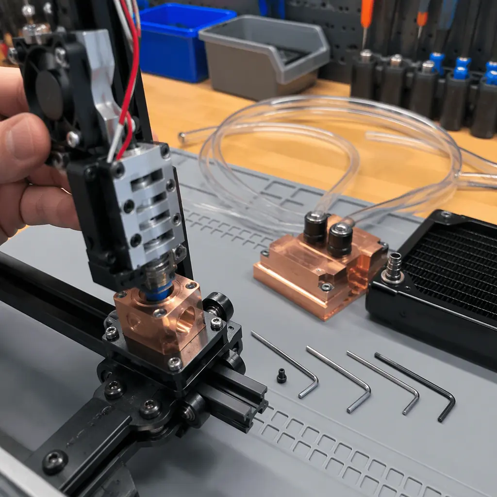 Technician installing a copper water block on a 3D printer hotend with hex wrench, silicone tubing and radiator parts arranged on a clean workbench, antistatic mat