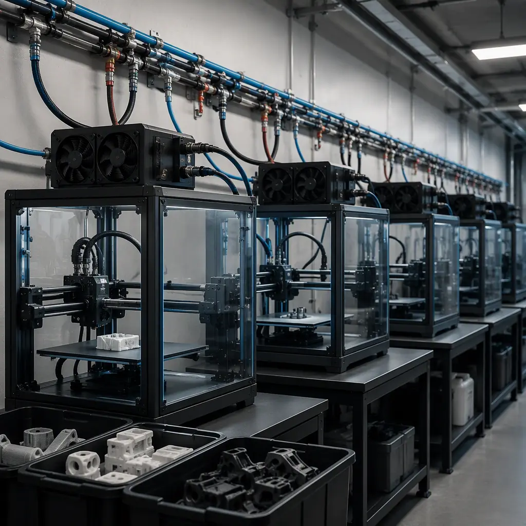 Row of water-cooled 3D printers in a print farm with shared coolant lines running along the wall, radiator fans mounted, finished parts collection area in foreground